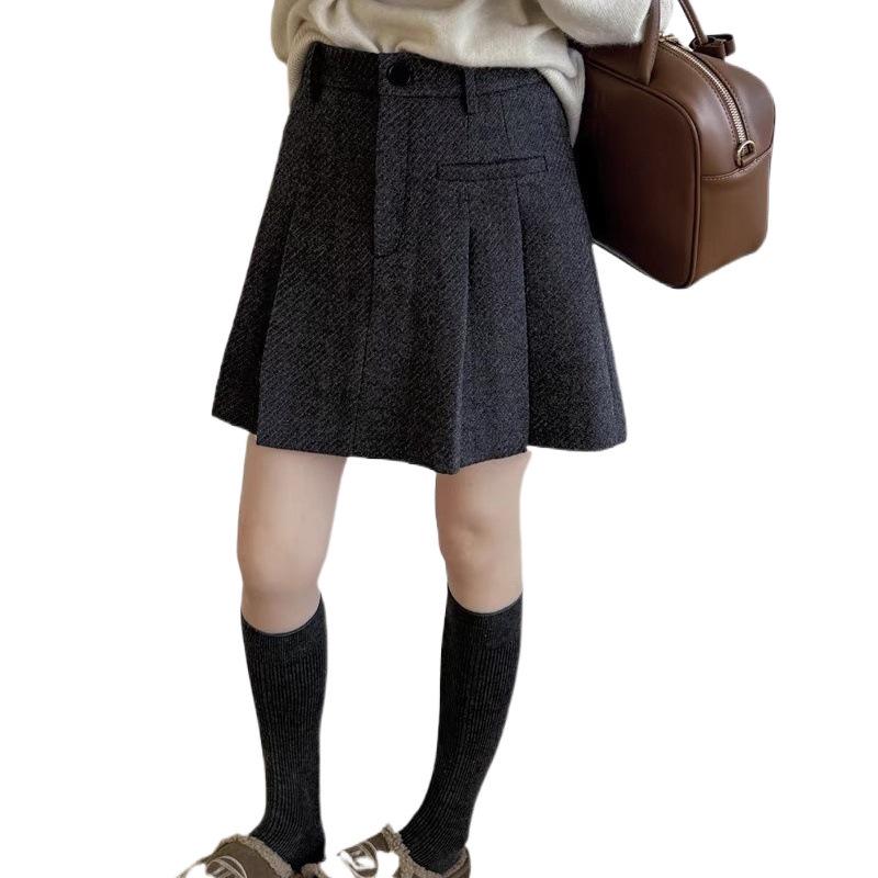High Waist Pleated A-Line Wool Skirt - Women's Autumn/Winter, Anti-Exposure, Slimming Academy Style Mini Skirt.