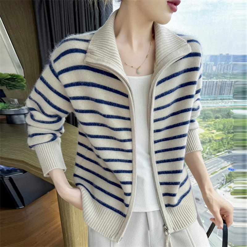 Women's Striped High Collar Double Zipper Sweater - Autumn/Winter Color Block Long Sleeve Top