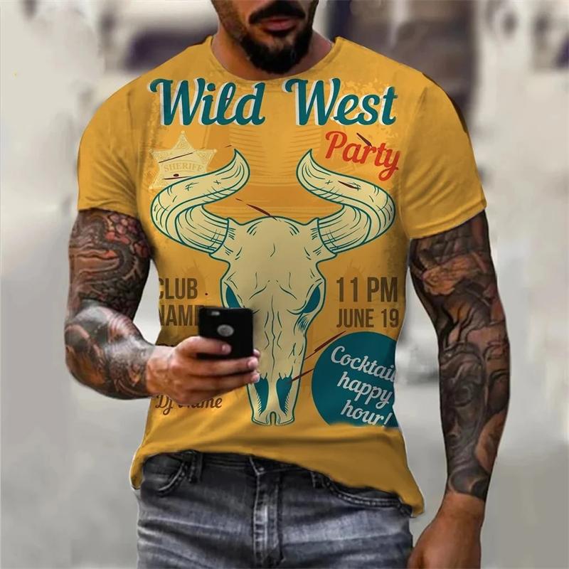 Vintage Koszulki Kowbojskie Odzież Męska Okrągły Dekolt Krótki Rękaw Koszulka Harajuku Streetwear 3D Nadruk Codzienny Fajne Koszulki Top