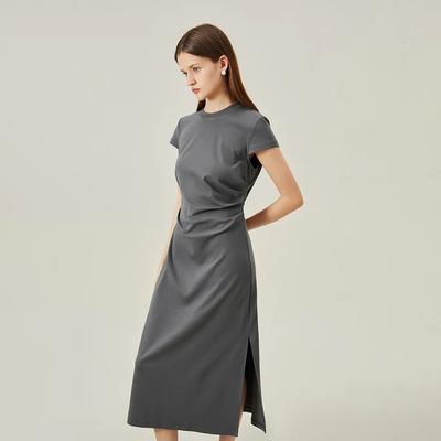 T-Shirt Kleid Kurzarm Langes Split Grau Ärmelloses Kleid Plissee A-Linie Kleid Übergröße