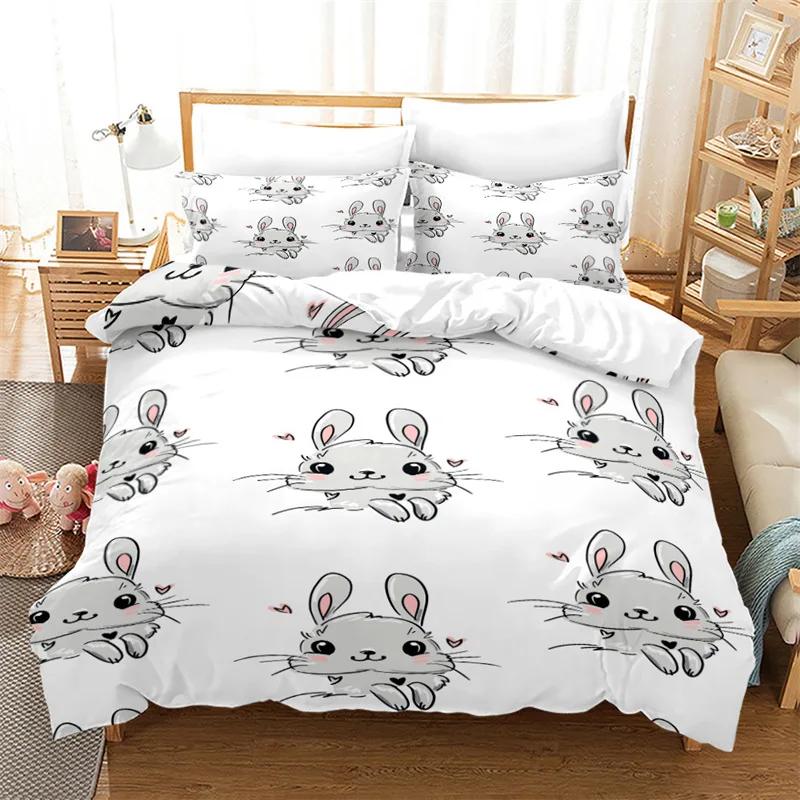 Cartoon Rabbit Duvet Cover Set Funny Animals 3D Print Bedding Set For Kids Teens Bedroom Decor Comforter Cover With Pillowcases