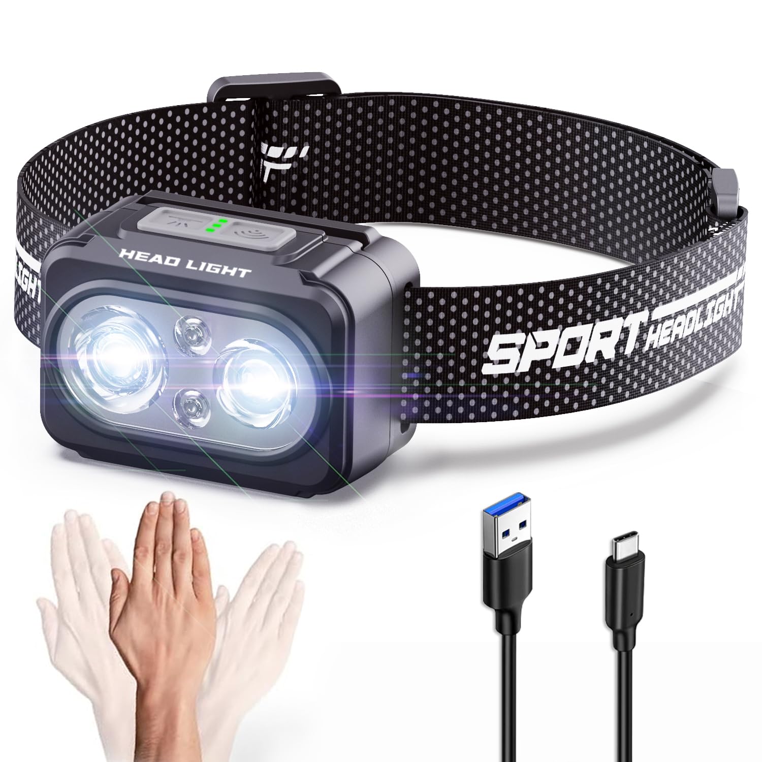 

Tebool 1200 мАч 600 жестов рукой 6 режимов освещения красный белый SOS водонепроницаемый и регулируемый идеально подходит для ночного активного отдыха и мощности компактный и налобный фонарь, Type-C чёрный