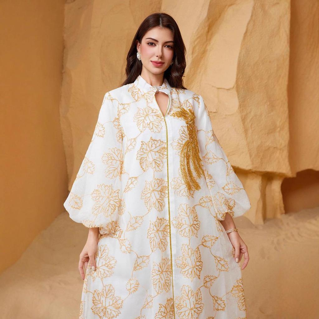 SW67 Ethnic Sequin Burnout Evening Dress with Puff Sleeves for Muslim Women - Jalabiy Style