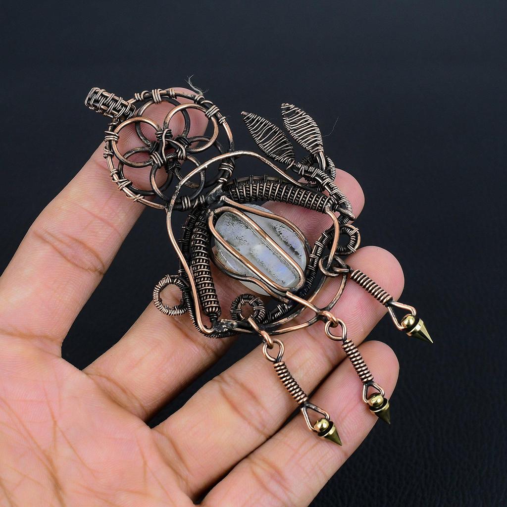Rainbow Moonstone Pendant Gemstone Jewelry, 999 Copper Wire Wrapped Pendant, Handmade Beautiful Jewelry Pendant