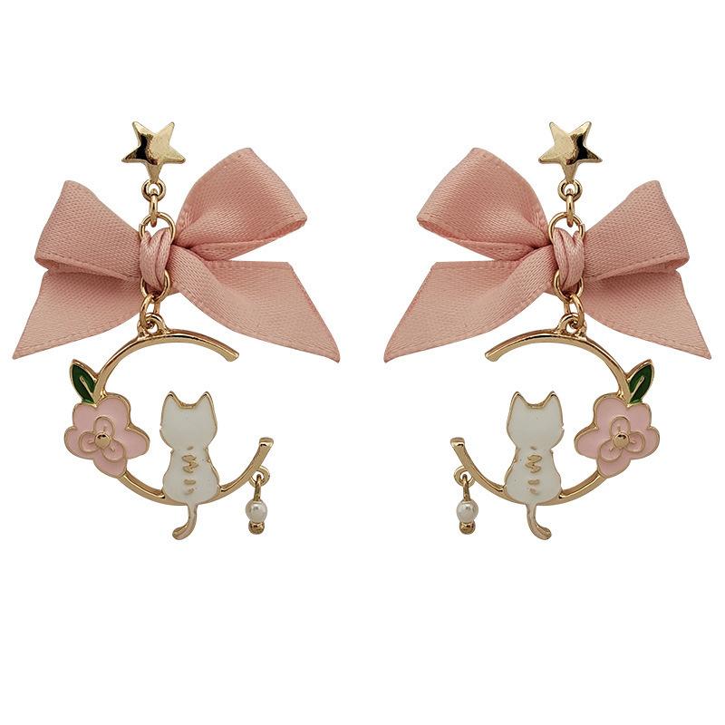 

Cute Bow Knot Drop Earrings with Cat and Flower Charm Dangle Earrings for Women Fashion Jewelry Accessories for Daily Wear and Special Occasions розовый