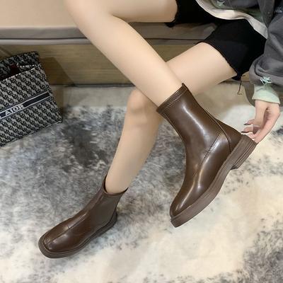 Coarse Heel Brown Short Boots Solid Color Round Head Rear Zipper Winter Flat Heel Martin Boots 2025 Autumn and Winter Women's Low Tube Seam