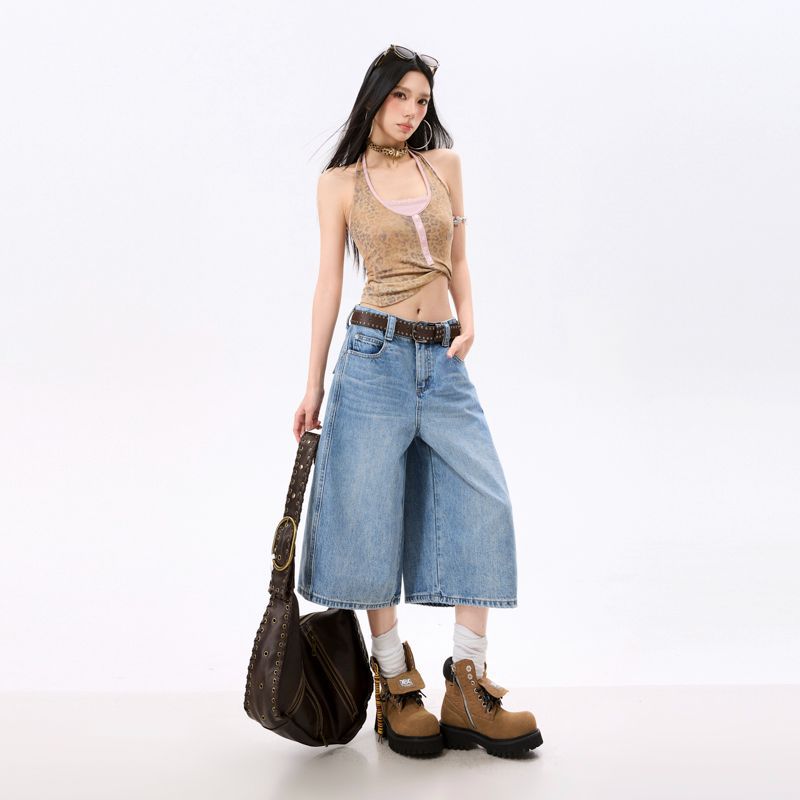 Fashion Summer Relax Fit Casual Wide Leg Cropped Capri Denim Pants For Women Trendy Versatile Loose Straight Slimming AllMatch Design