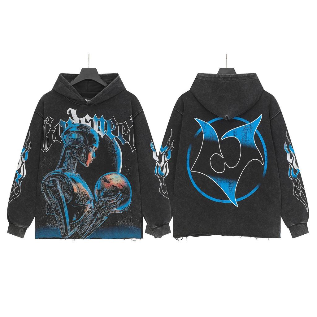 God Bless America Retro Rock Street Print Washed Hoodie - Casual Loose Fit