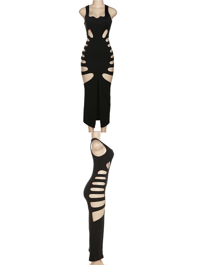 European Style 2026 Summer Women's Hollow Low Neck High Waist Slim Fit Slit Long Dress