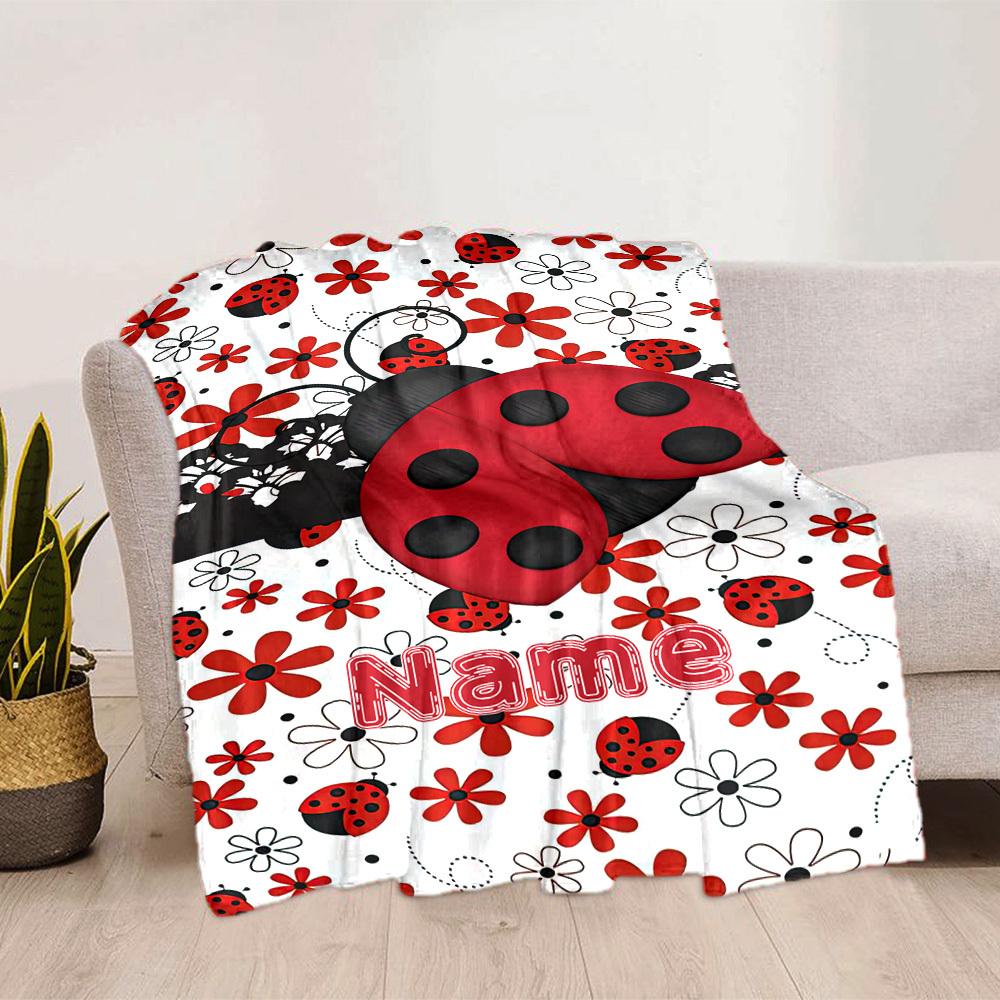 Ladybug Floral Pattern Customize Your Name Blankets Cozy Soft Lightweight Allseason Multipurpose Blanket For Picnics Sofas Offices Beds Living Rooms