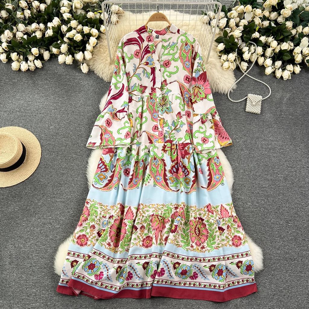 Květinový potisk Volné šaty s rozšířenými rukávy pro jaro/léto pro ženy Nové Prázdninové Volnočasové Temperamentní Dlouhé A-linie šaty