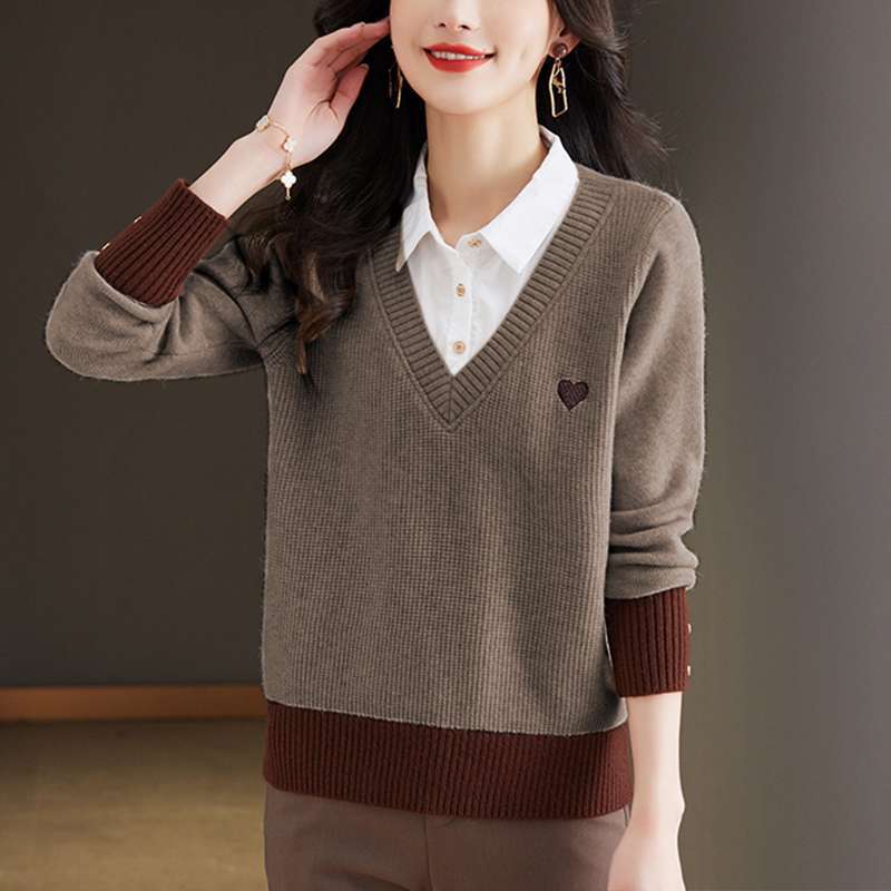 

Светр жіночий весняно-осінній вільний у західному стилі, в язаний топ-сорочка з коміром, імітація двійки XXXL кавовий