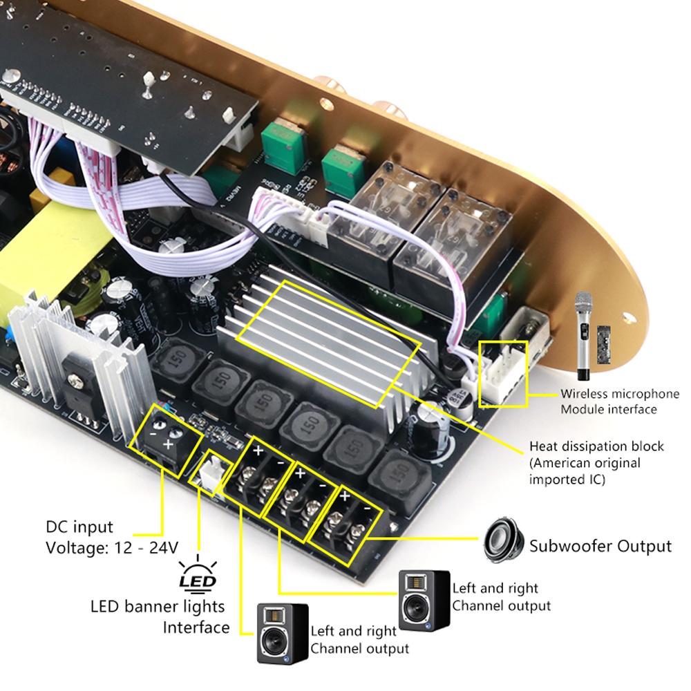 D900 2.1 Channel Bluetooth Amplifier Board High Power Subwoofer Digital Amp for Home Use DC 12-24V AC 110-220V 50W+50W+100W