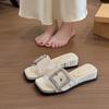 Fashion and Casual Flat-bottomed Cool Slippers, Large Size Outer Wear, Foreign Trade Summer New Models with Diamond Square Buckle One-word Slippers W