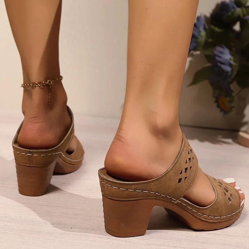 Fashion Retro Hollow Out Thick-Heeled Sandals Women Summer Lightweight High Heels Slippers Woman Plus Size Outdoor Platform Sandles 43