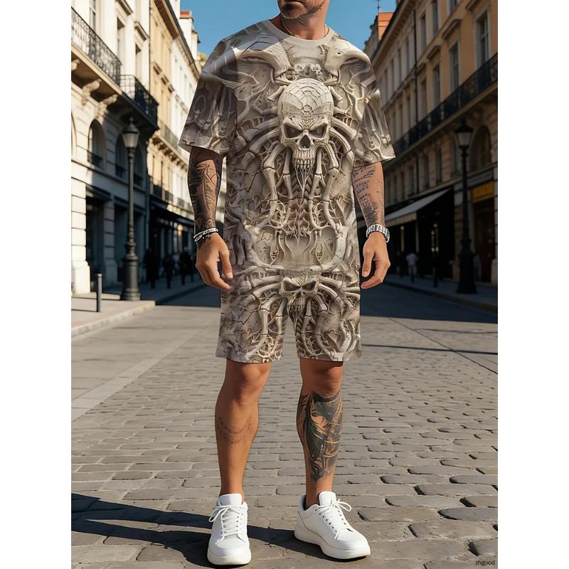 Fashion Men's Casual Suit 3D Casual Color Printing Summer T-shirt Shorts Simple