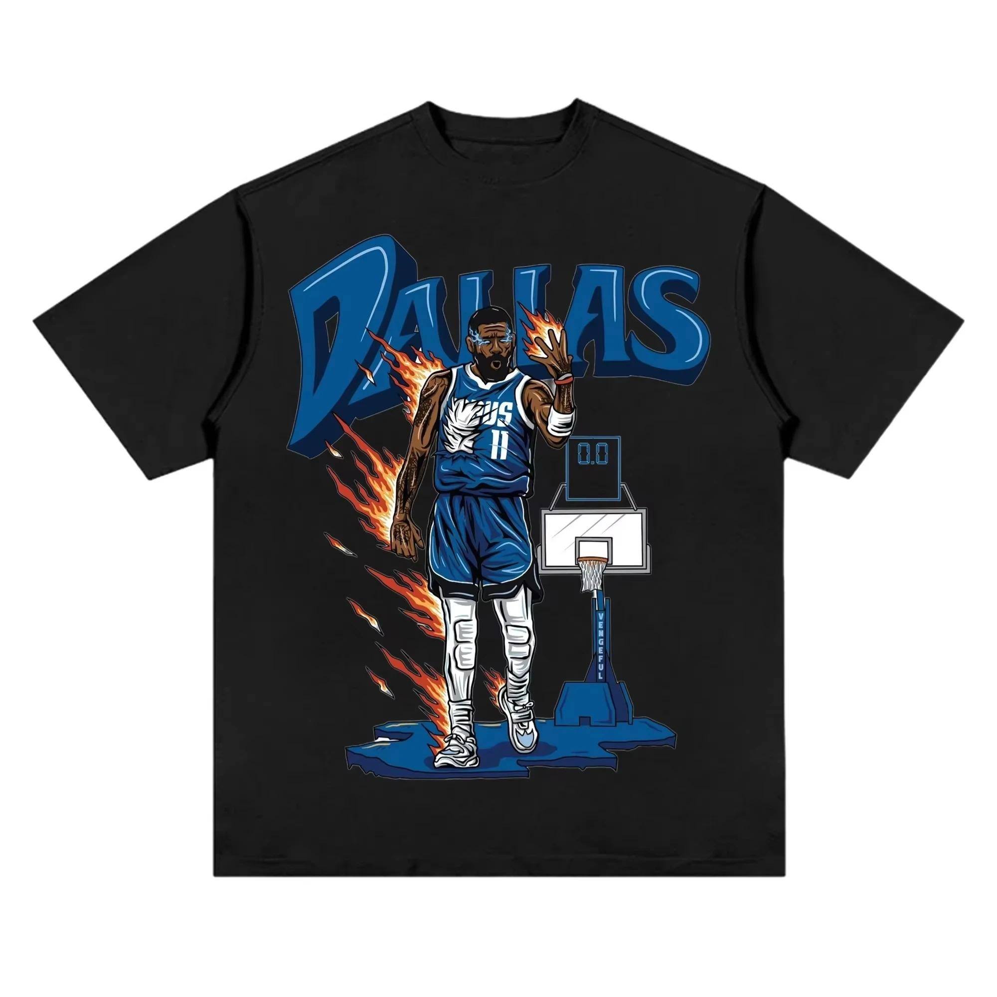 

Stylish Black Kyrie Irving Dallas Mavericks Basketball Star Fire Hand Cartoon Graphic Casual Cotton Short-Sleeve T-Shirt 4XL
