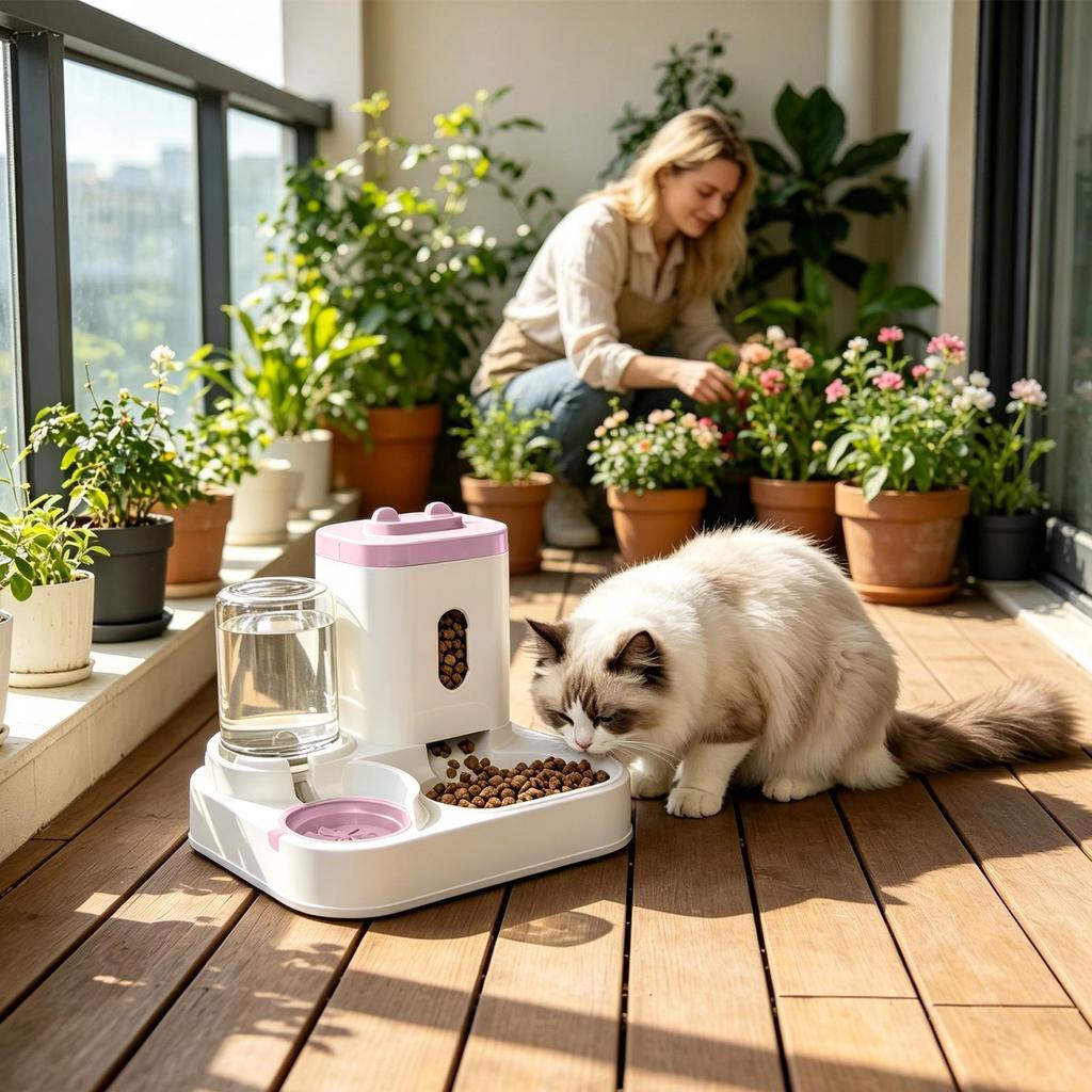 Automatic Cat Feeder 2-in-1 Water Container Pet Food Dispenser for Outdoor Indoor Animal Kitten Puppy Feeding Watering Wet Dry