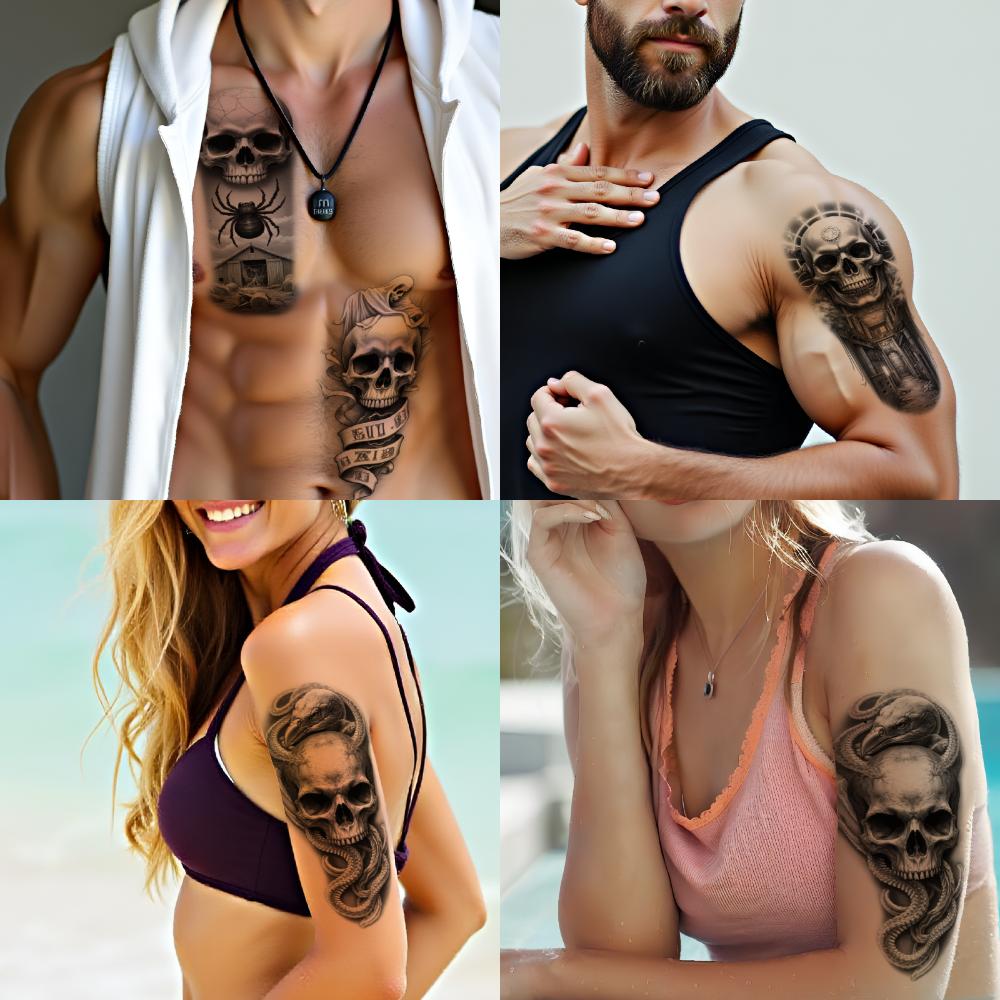 3 Stück Temporäre Tattoos Realistische Temporäre Tattoos Skelett mit Kapuze Spinnenkopf Totenkopf Drachenschädel Für Männer Erwachsene Oberschenkel