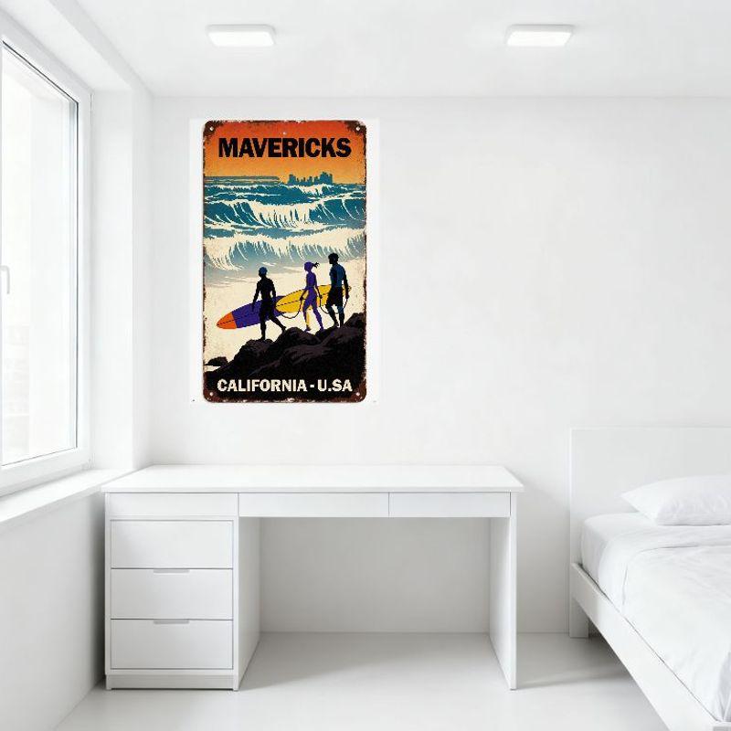 Vintage Mavericks California USA Surf Metal Tin Sign, Retro Distressed Surfing Ocean Wave Rocky Terrain Figures Plaque for Home