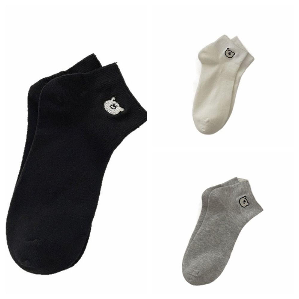 3Pairs Sweet Embroidered Bear Socks Thin Short Tube Socks Women Soft Sweet Ankle Socks  Lady