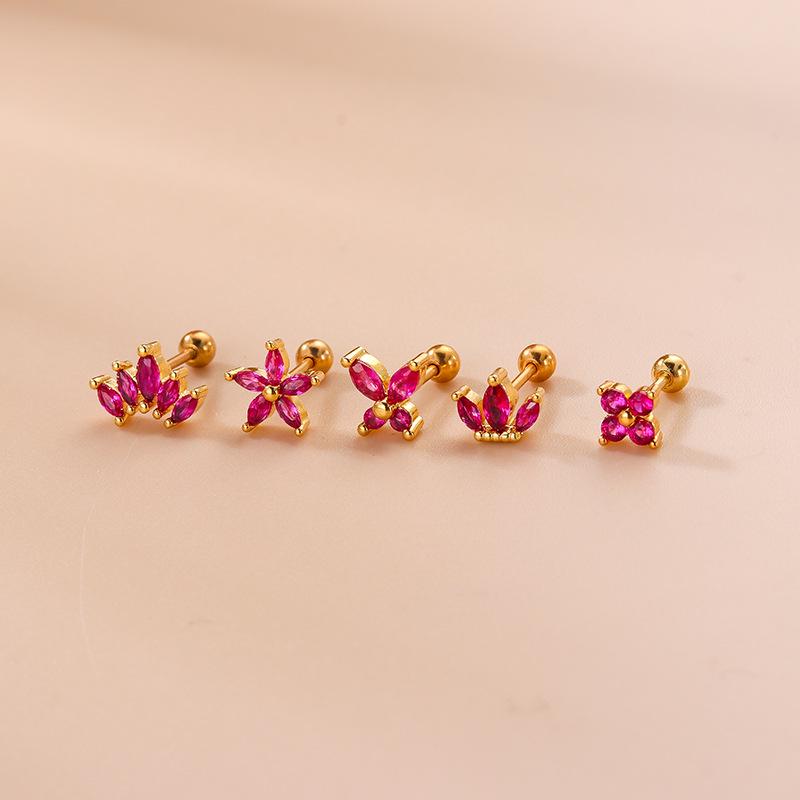 Rose Red Zircon Flower Double Stud Earrings with Stainless Steel Screw Design