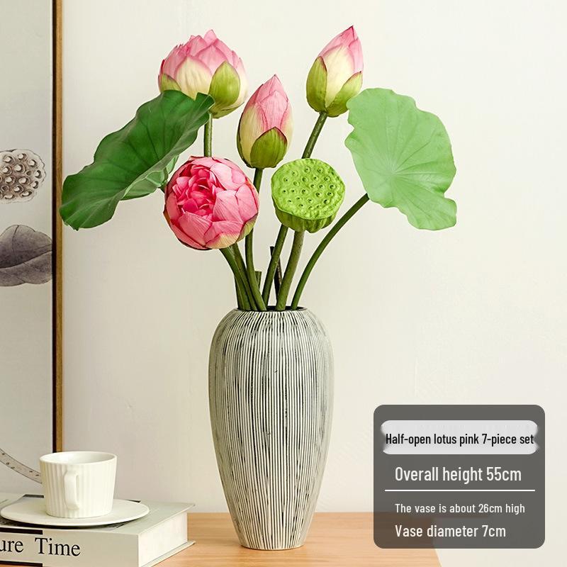 Chinese Lotus Artificial Flower Decoration for Living Room and Dining Table - Realistic Floral Arrangement with Lotus Leaf.
