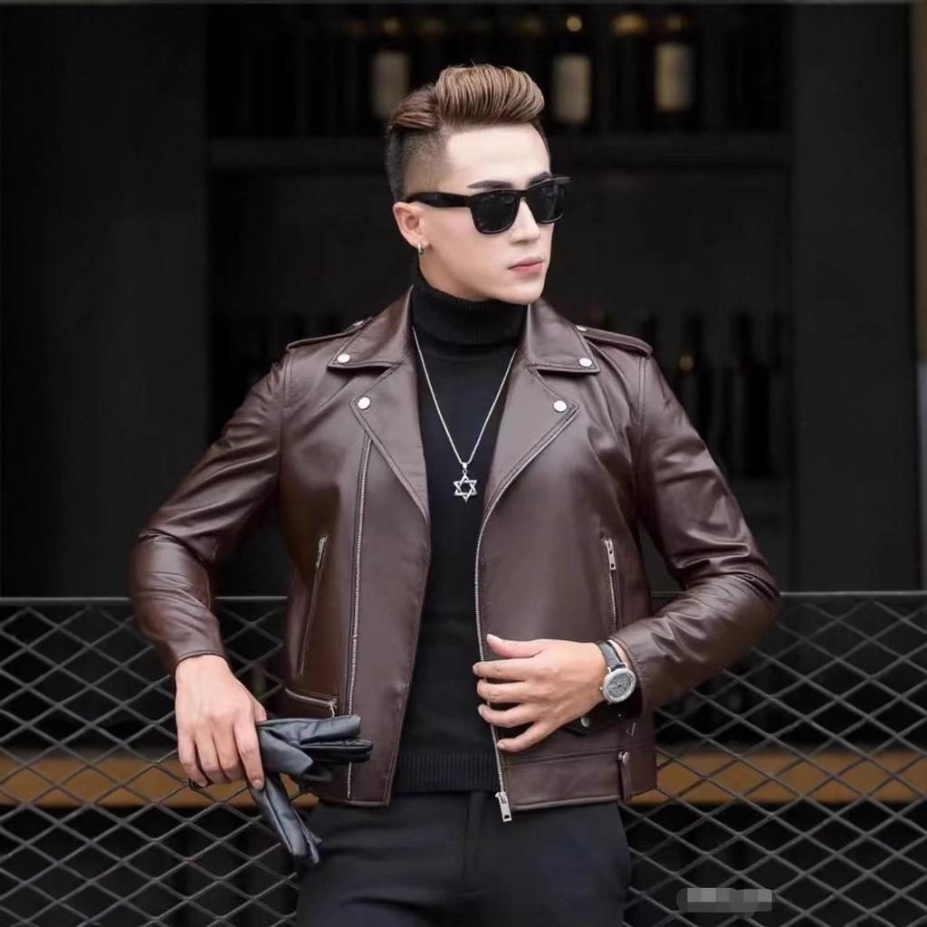 Steelstamp printed leather jacket men's spring and autumn lapel zipper locomotive riding trend fashion loose casual pu leather jacket