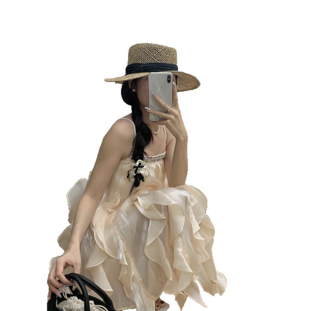 Summer new short skirt seaside vacation wind suspender irregular French sweet pink women's dress