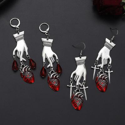 Gothic Dark Ruby Heart & Hand Drop Earrings - Creative European & American Design