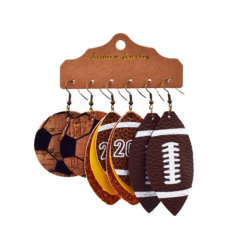World Cup sports ball drop-shaped leather earrings, basketball, football, rugby, baseball earrings, multi-layered earrings, three pairs in one pack