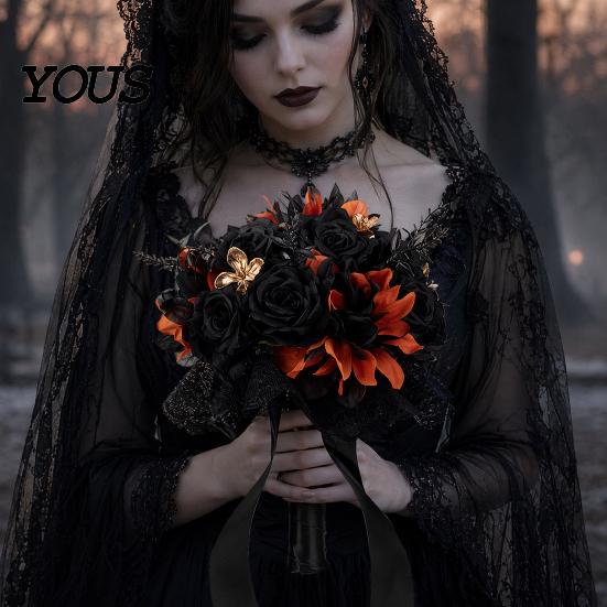 Halloween Flower Bouquet Wedding Bouquets for Bride And Bridesmaid, Gothic Artificial Bouquet, Cobweb Arrangement Black Rose Blooms Fake Centerpiece,