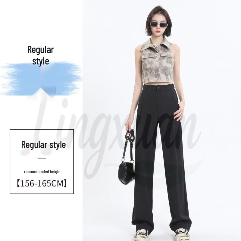 Women's Gray High-Waist Wide-Leg Pants: Spring/Autumn Slimming, Elegant Drape, Floor-Length, Straight-Leg