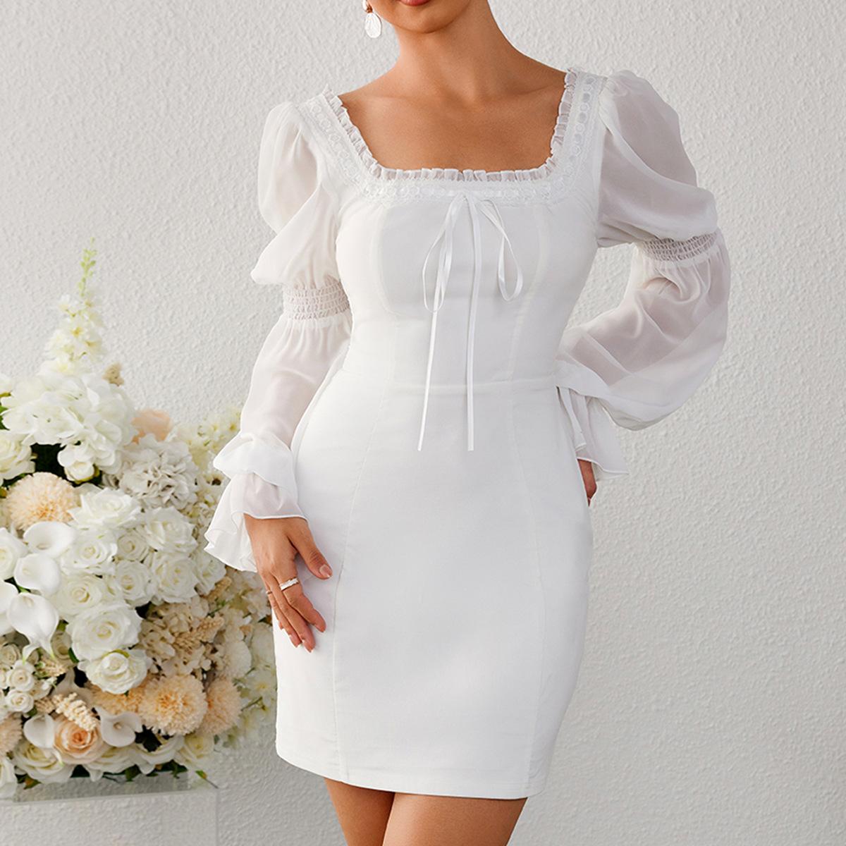 Fashion chiffon splicing dress, European and American sexy square neck halter long-sleeved dress XS