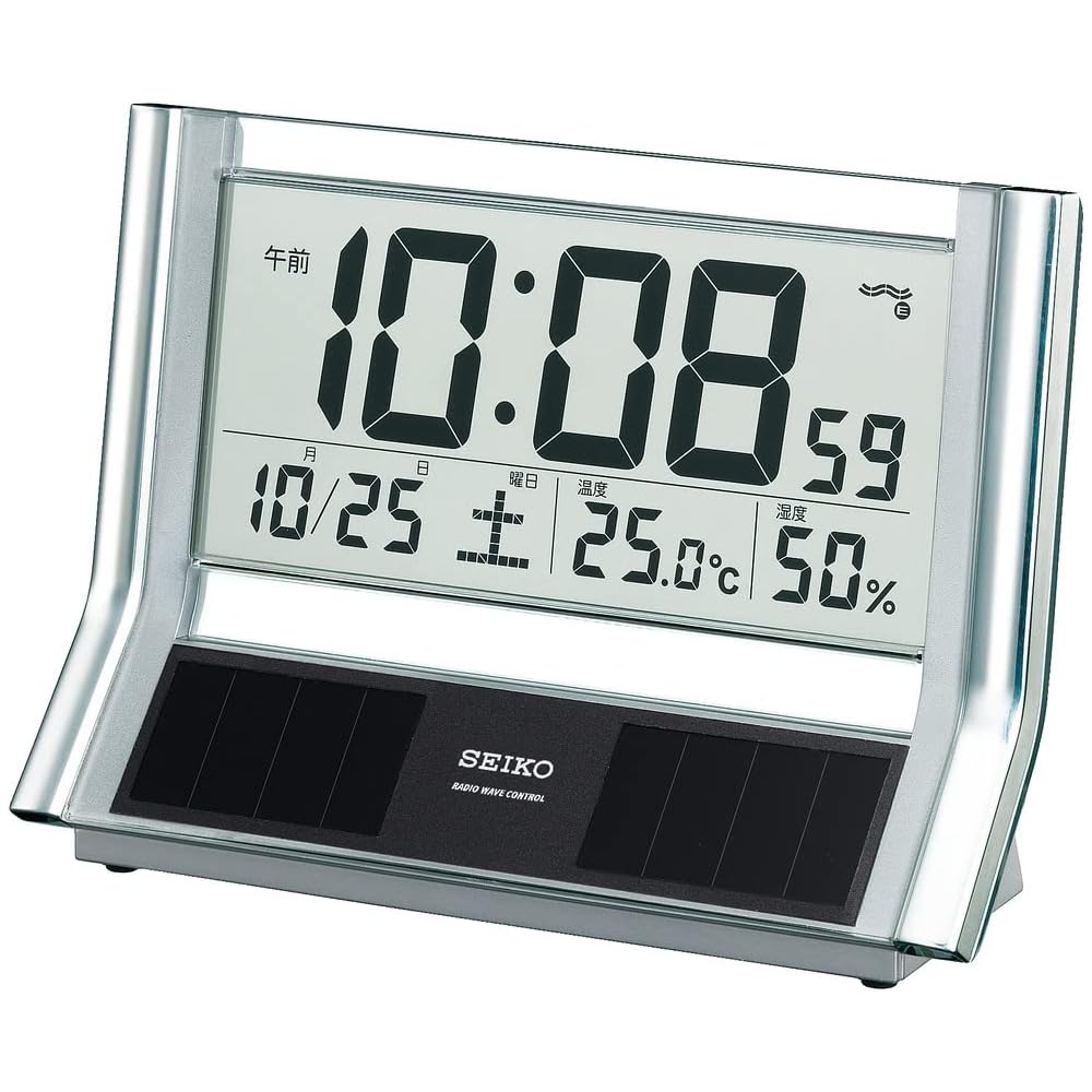 Seiko Clock Table Clock Hybrid Solar Radio Controlled Digital Calendar Temperature Humidity Display Silver Metallic SQ690S SEIKO