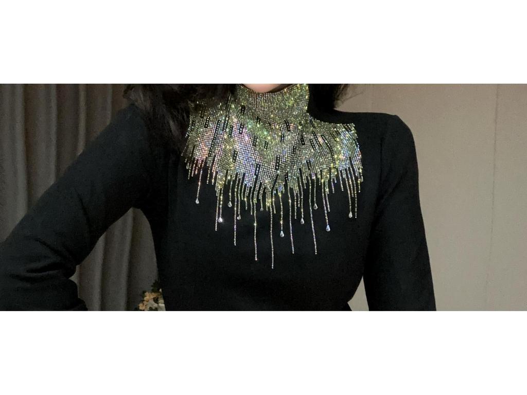 Autumn/Winter Women's Half-High Collar Long Sleeve T-Shirt: Premium Texture with Hot Drilling Details