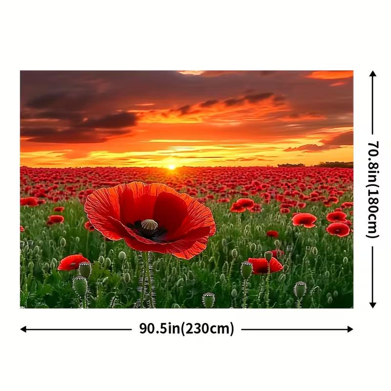 2D HD Red Poppy Flower Field Backdrop, Sunset Sky Floral Photo Background Cloth