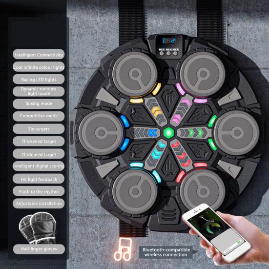 Maszyna bokserska do muzyki z rękawicami, montowana na ścianie, tryby prędkości, regulowany elektroniczny trener bokserski, cel, światło LED, podkładka do uderzania, sprzęt do treningu domowego