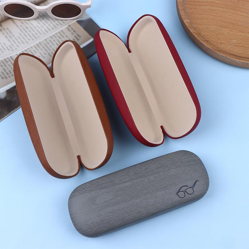 1Pc Pu Leather Eyeglass Box Wood Grain Hard Kit Holder Metal Reading Glasses Case For Men And Women Pu Leather Eyeglass Box