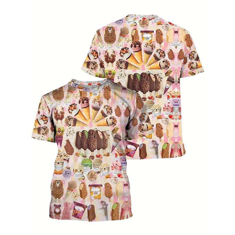 3D Printing Ice Cream Pattern Printed T-shirt Fashion Street Colorful Crew Neck Funny Tee Shirts Summer Tees Tops Cloting 2024