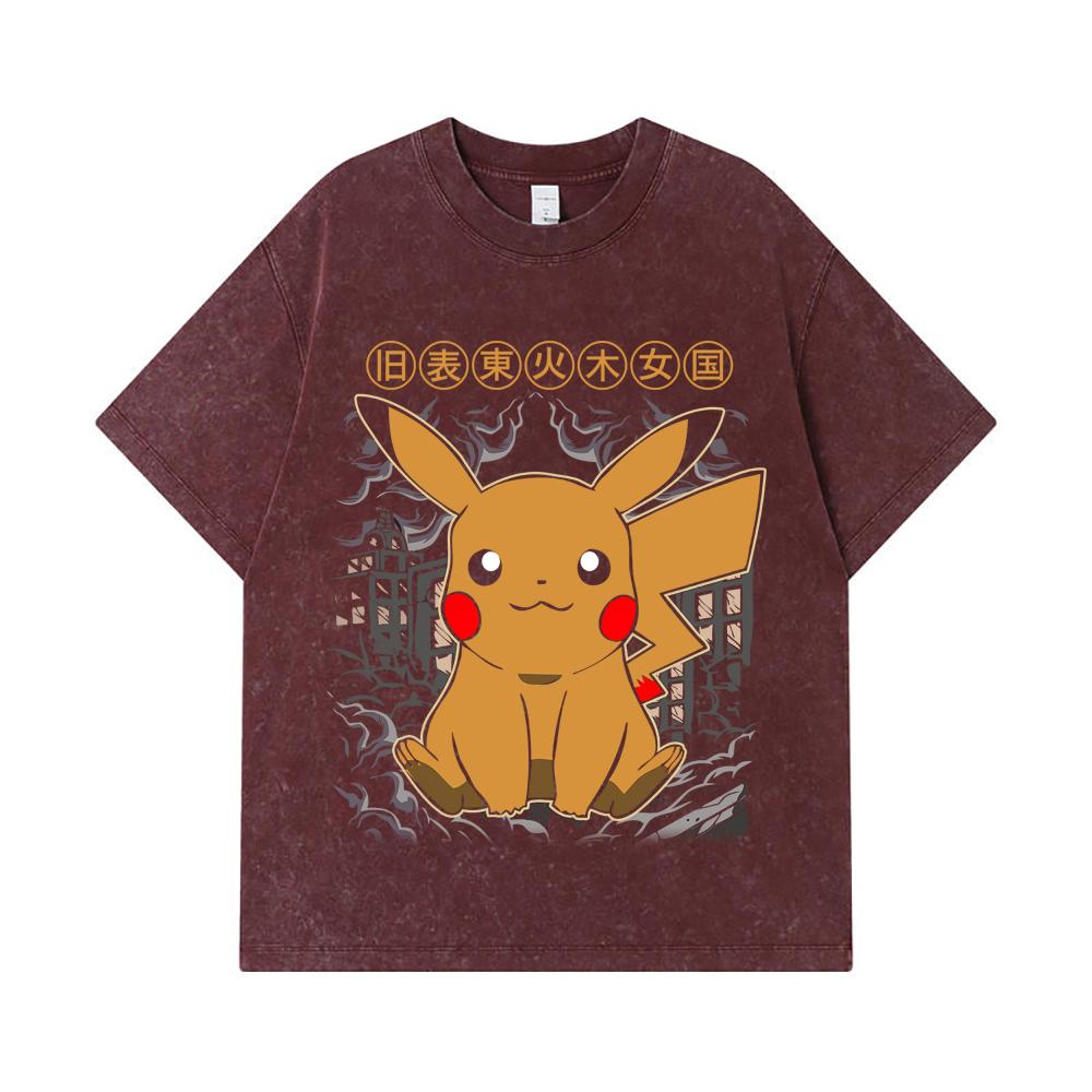 275 GSM Washed T-shirts 100% Cotton Pokemon V22 Pikachu Print Unisex Heavy Cotton T Shirt
