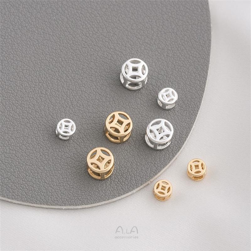 Copper-Plated 14K Gold Color-Preserving Hollow Coin Bead Bracelet with Large Hole Spacer Beads On Woven Leather Cord - DIY Beading Accessories.