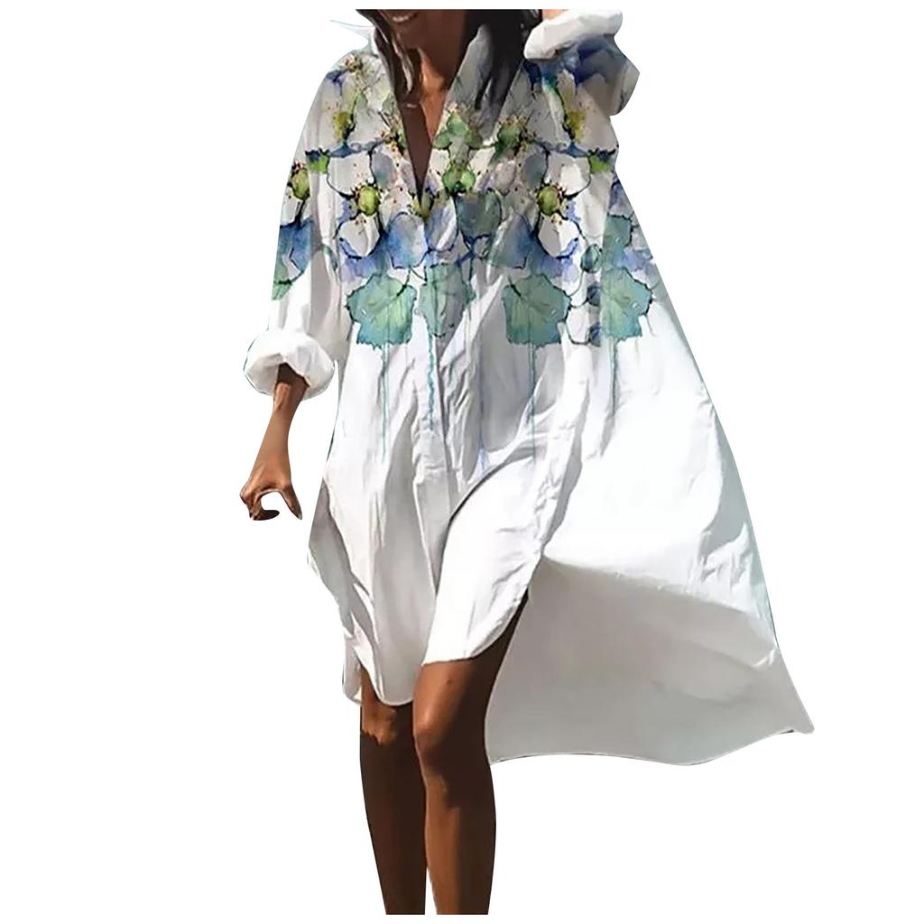 Fashion Women Floral Print Long Sleeves Buttons Cardigan Loose Shirt Dress