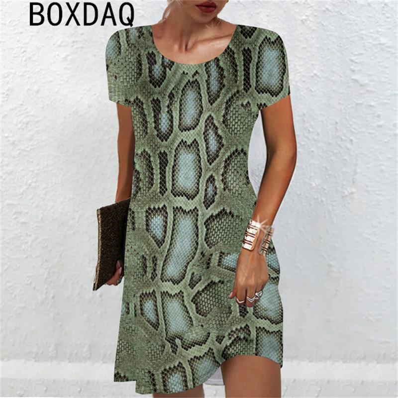 3D Sexy Snake Print Mini Dress Big Size Women Sexy Short Sleeve O-Neck Loose Dress Summer Beach Party Dress Sundress Vestidos