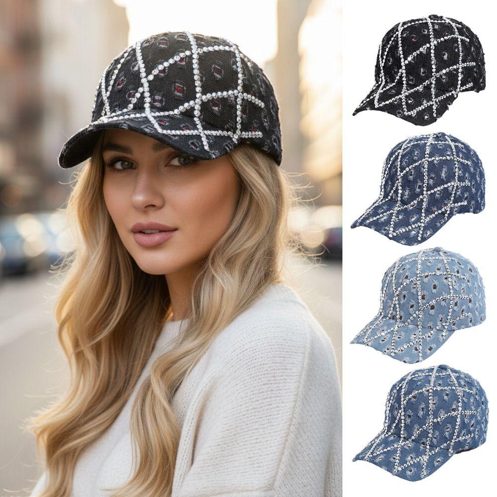 Lässige Baseballkappe mit Strasssteinen Funkelnde Sonnenhüte Modische distressed Denim Baseballkappen für Damen