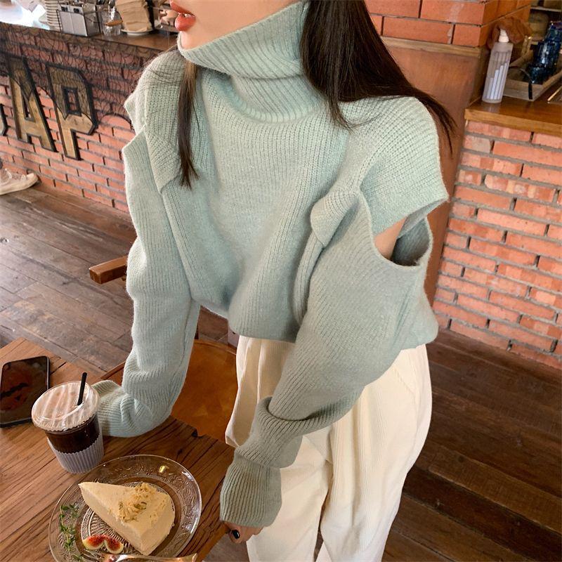 

Off-the-Shoulder Turtleneck Knit Sweater for Women - Autumn/Winter Fashion Niche Pullover Top One Size синий