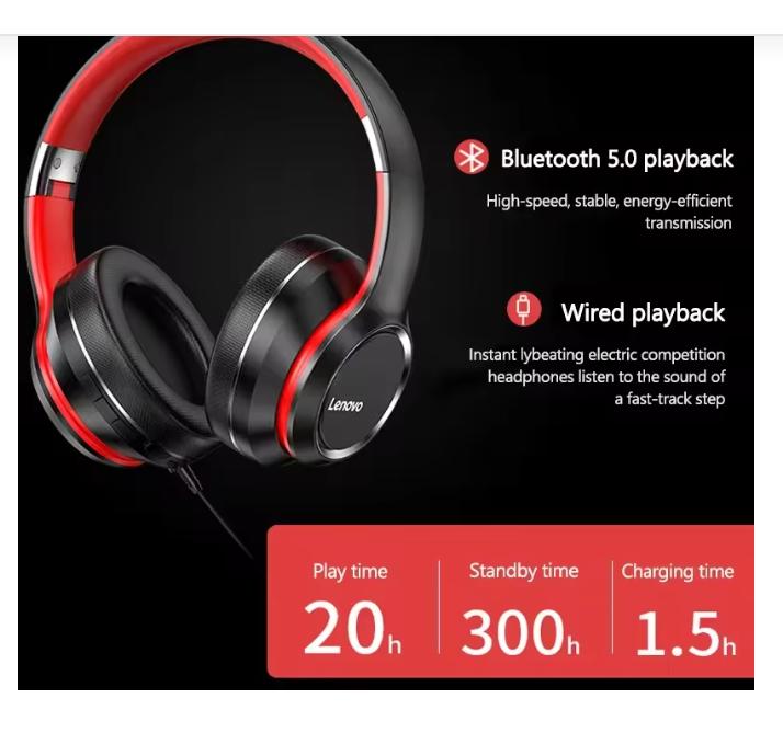 Lenovo HD100 Bluetooth Earphones Over-ear Foldable Computer Wireless Headphones Noise Cancellation HIFI Stereo Gaming Headse