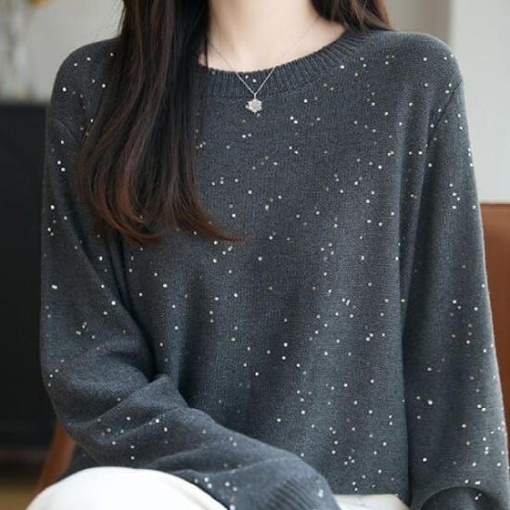 Navava Women Vintage Pearl Round Neck Long Sleeve Knit Top Nk3247