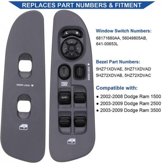 Window Control Switch +Gray Bezel 641-00653L for 02 - 09 Dodge Ram 1500-3500 3pc