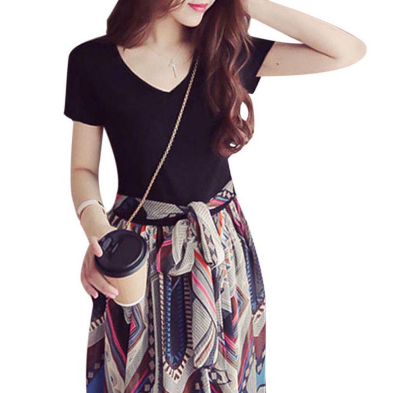 Newest Style Fashion Women Plus Size Chiffon V Neck Maxi Dresses Ladies Fake Two Piece Floral Long